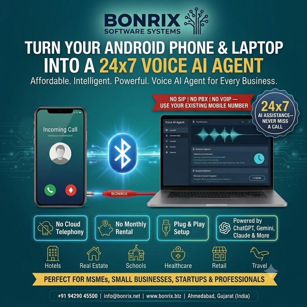 Bonrix PhoneLink: Android Phone + Laptop Voice AI Agent Hub with Real AUX Audio Bridge, 24x7 AI Calls, No SIP/VOIP/PBX – Affordable Voice AI for MSMEs